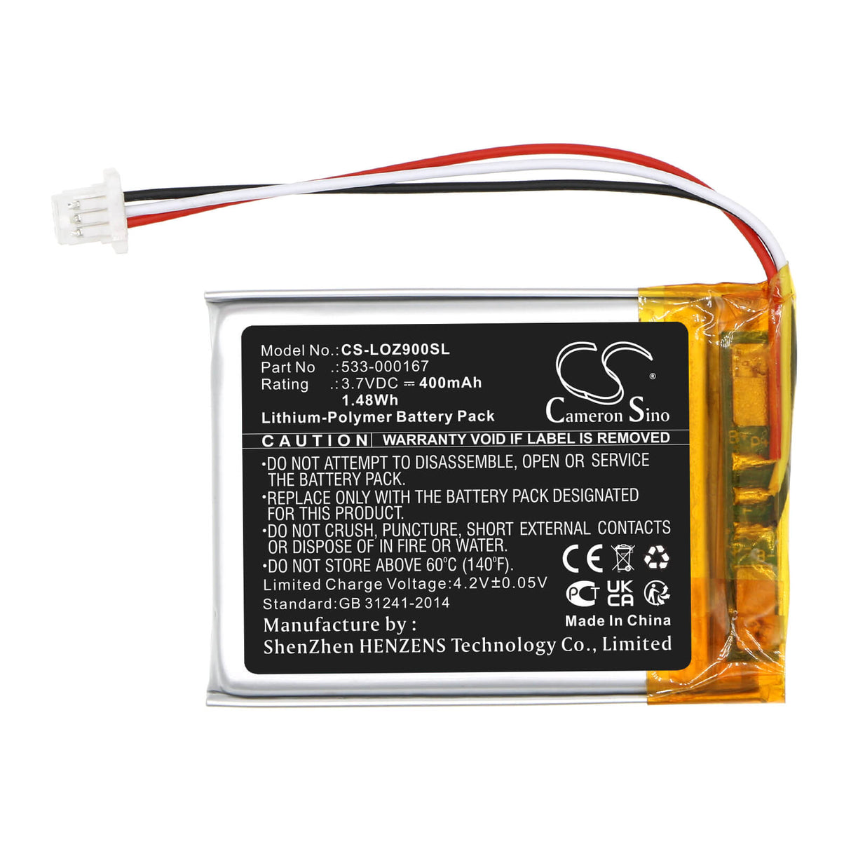 3.7V, Li-Polymer, 400mAh, Headset battery fits Logitech, 383040, Zone 900, Zone, 1.48Wh Wireless Headset Cameron Sino Technology Limited