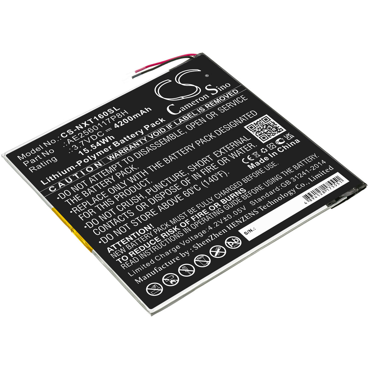 3.7V, Li-Polymer, 4200mAh, Tablet battery fits Nextbook, Ae2560117p8h, Ares 10a, Nx16a10132sps, 15.54Wh Tablet Cameron Sino Technology Limited