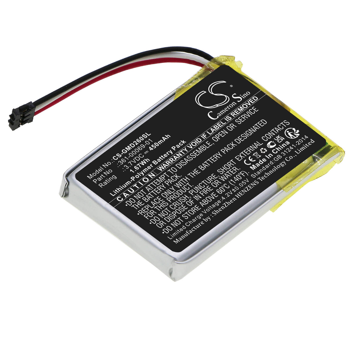 3.7V, Li-Polymer, 450mAh, Dog Collar battery fits Garmin, 010-11925-00, 010-02608-10, Delta Receiver, 1.67Wh Dog Collar Cameron Sino Technology Limited