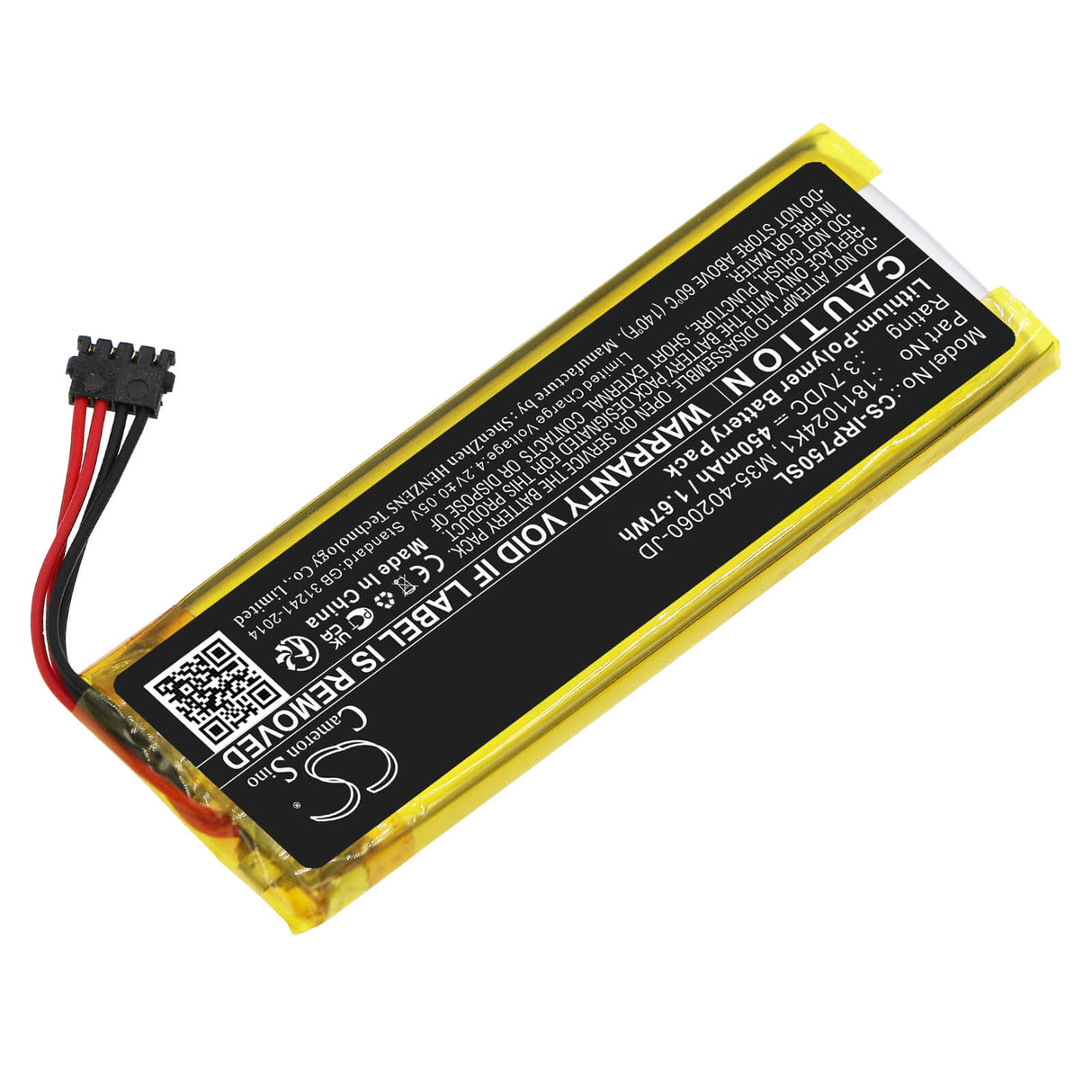 3,7V, Li-Polymer, 450mAh, batterie de terminal de paiement compatible avec Ingenico, 1811024k1, Roam Rp750x, 1,67Wh Terminal de paiement Cameron Sino Technology Limited