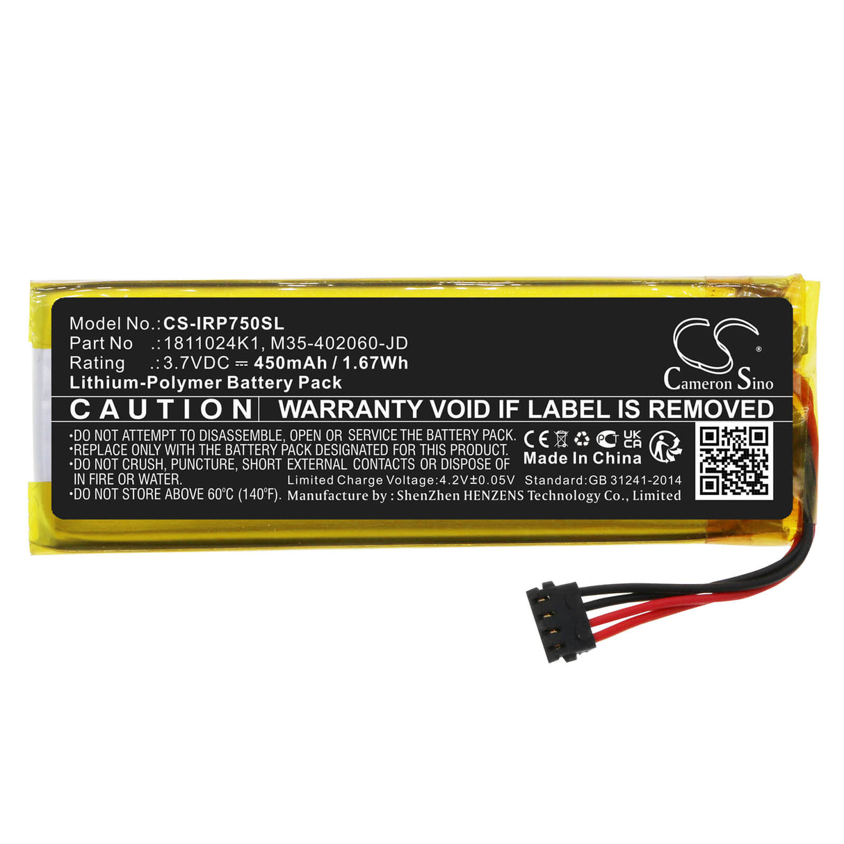 3,7V, Li-Polymer, 450mAh, batterie de terminal de paiement compatible avec Ingenico, 1811024k1, Roam Rp750x, 1,67Wh Terminal de paiement Cameron Sino Technology Limited