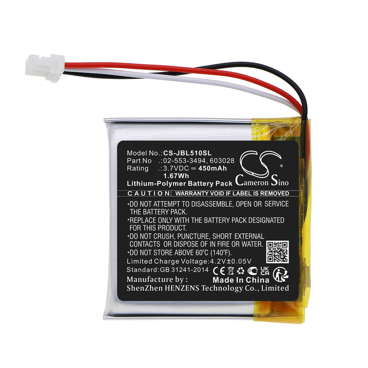 3.7V, Li-Polymer, 450mAh, Headset battery fits Jbl, 02-553-3494, Tune 500bt, Tune 510bt, 1.67Wh Wireless Headset Cameron Sino Technology Limited