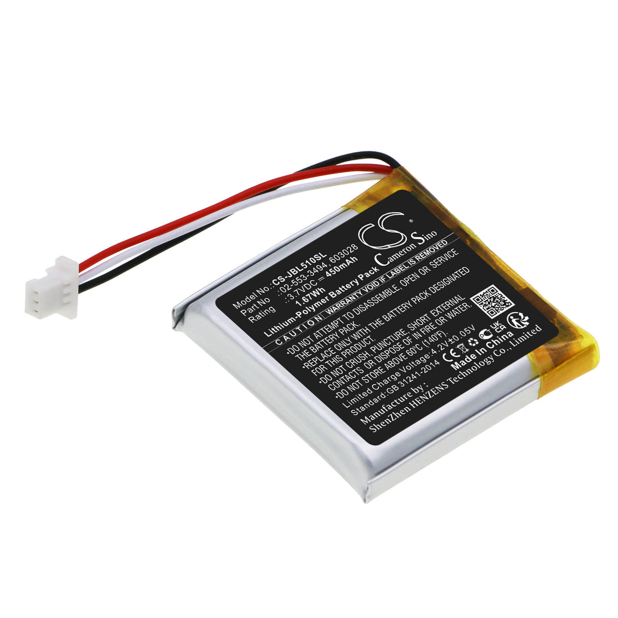 3.7V, Li-Polymer, 450mAh, Headset battery fits Jbl, 02-553-3494, Tune 500bt, Tune 510bt, 1.67Wh Wireless Headset Cameron Sino Technology Limited