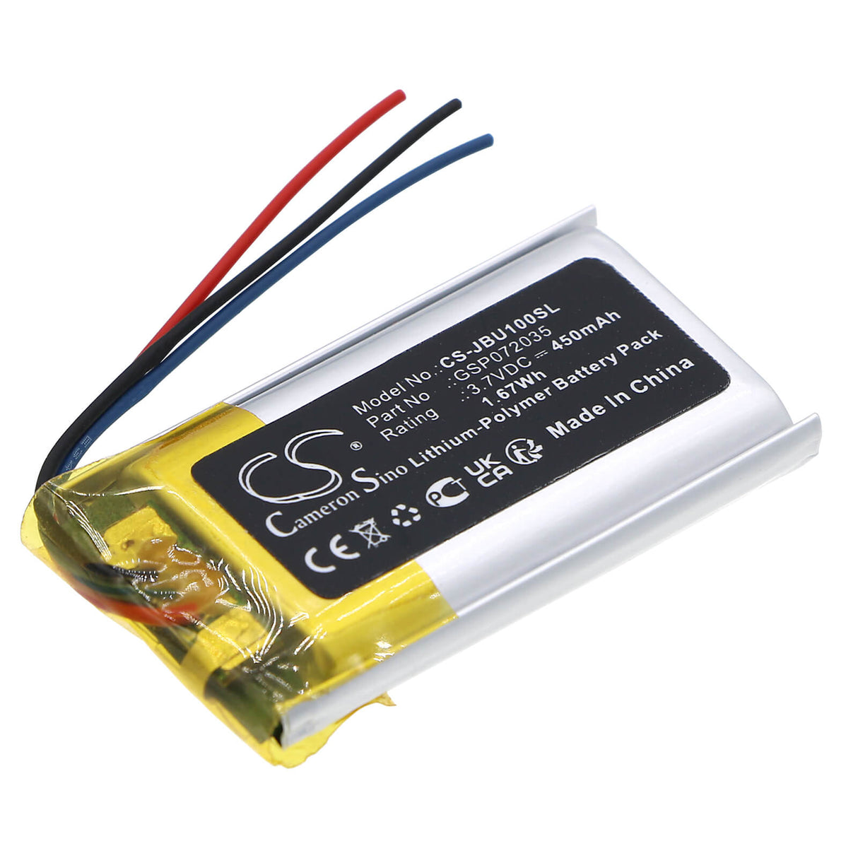 3.7V, Li-Polymer, 450mAh, Headset battery fits Jbl, Gsp072035, Ua Sport, Uaonearbtbk, 1.67Wh Wireless Headset Cameron Sino Technology Limited