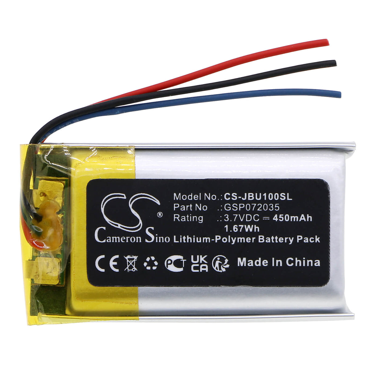 3.7V, Li-Polymer, 450mAh, Headset battery fits Jbl, Gsp072035, Ua Sport, Uaonearbtbk, 1.67Wh Wireless Headset Cameron Sino Technology Limited
