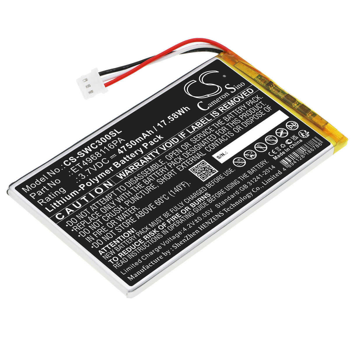 3.7V, Li-Polymer, 4750mAh, batterie GPS compatible avec Swing Caddie, Et4968116pa, Sc300, Sc300 Portable Golf Launch Mon, 17.58Wh GPS, Navigator Cameron Sino Technology Limited