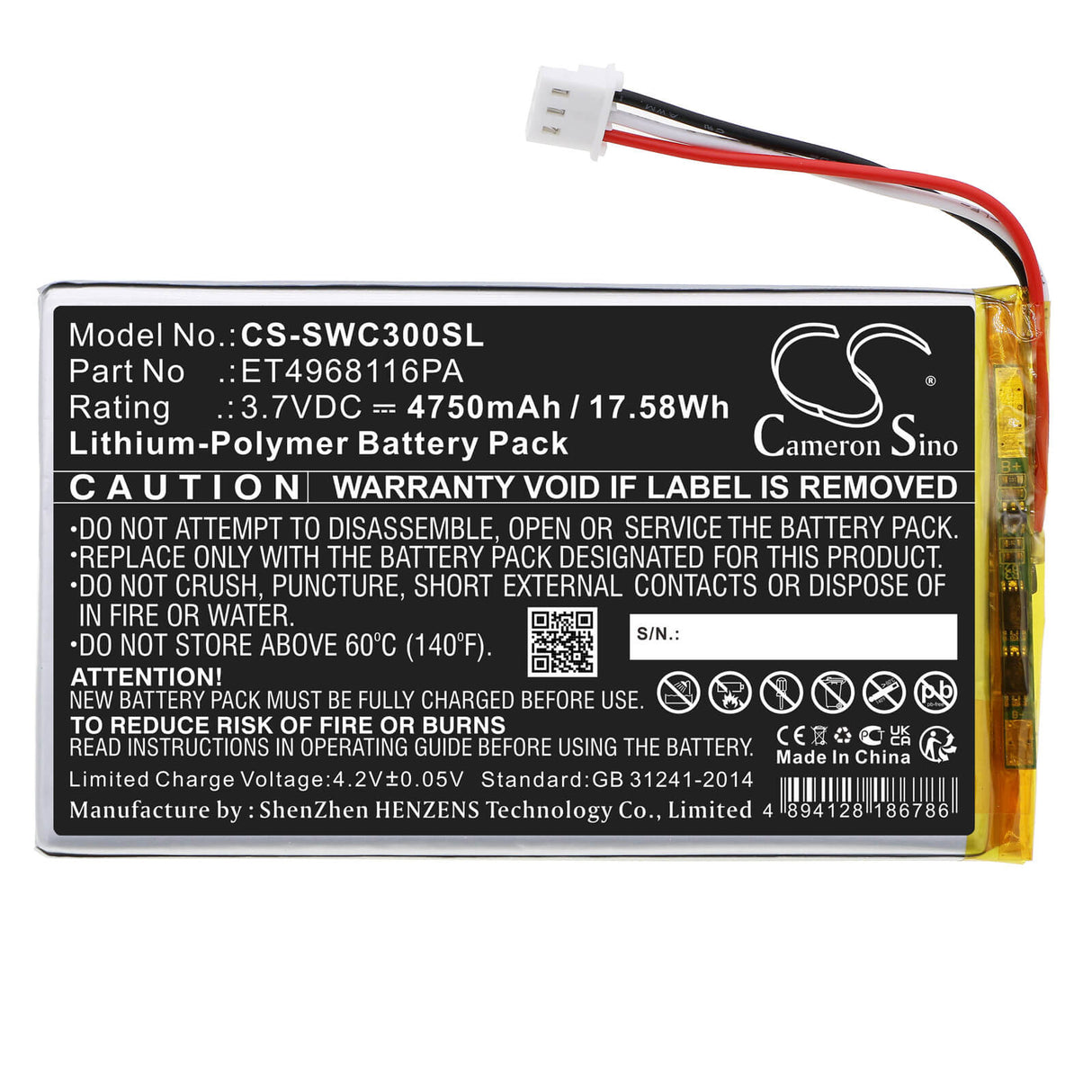 3.7V, Li-Polymer, 4750mAh, batterie GPS compatible avec Swing Caddie, Et4968116pa, Sc300, Sc300 Portable Golf Launch Mon, 17.58Wh GPS, Navigator Cameron Sino Technology Limited