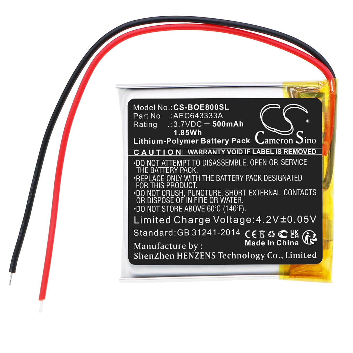 3.7V, Li-Polymer, 500mAh, Headset battery fits Bang & Olufsen, Aec643333a, Beoplay E8, 1.85Wh Wireless Headset Cameron Sino Technology Limited