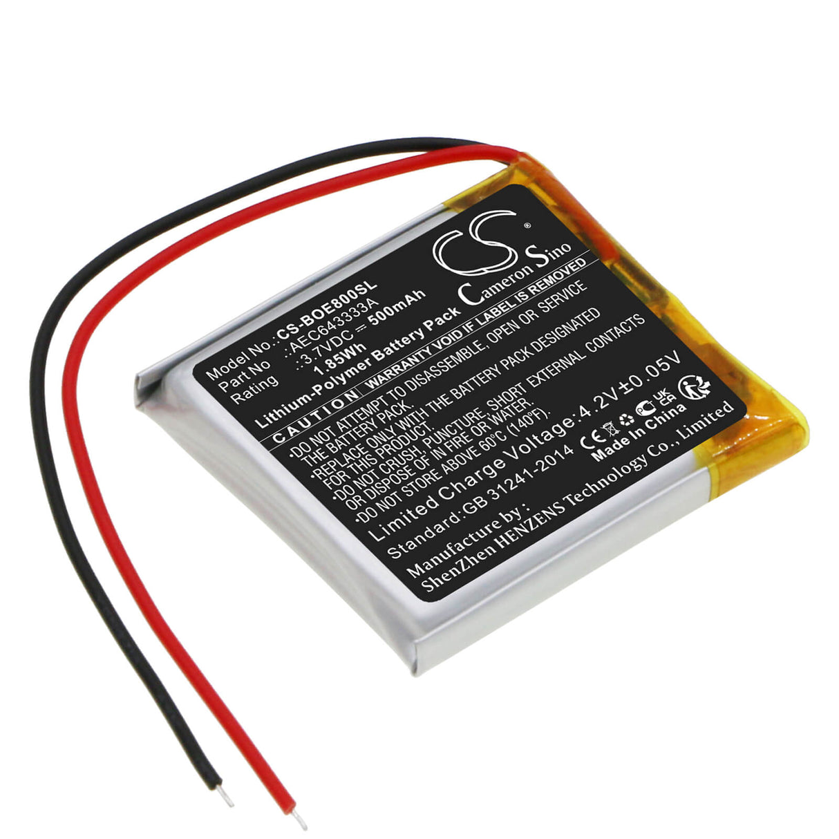 3.7V, Li-Polymer, 500mAh, Headset battery fits Bang & Olufsen, Aec643333a, Beoplay E8, 1.85Wh Wireless Headset Cameron Sino Technology Limited