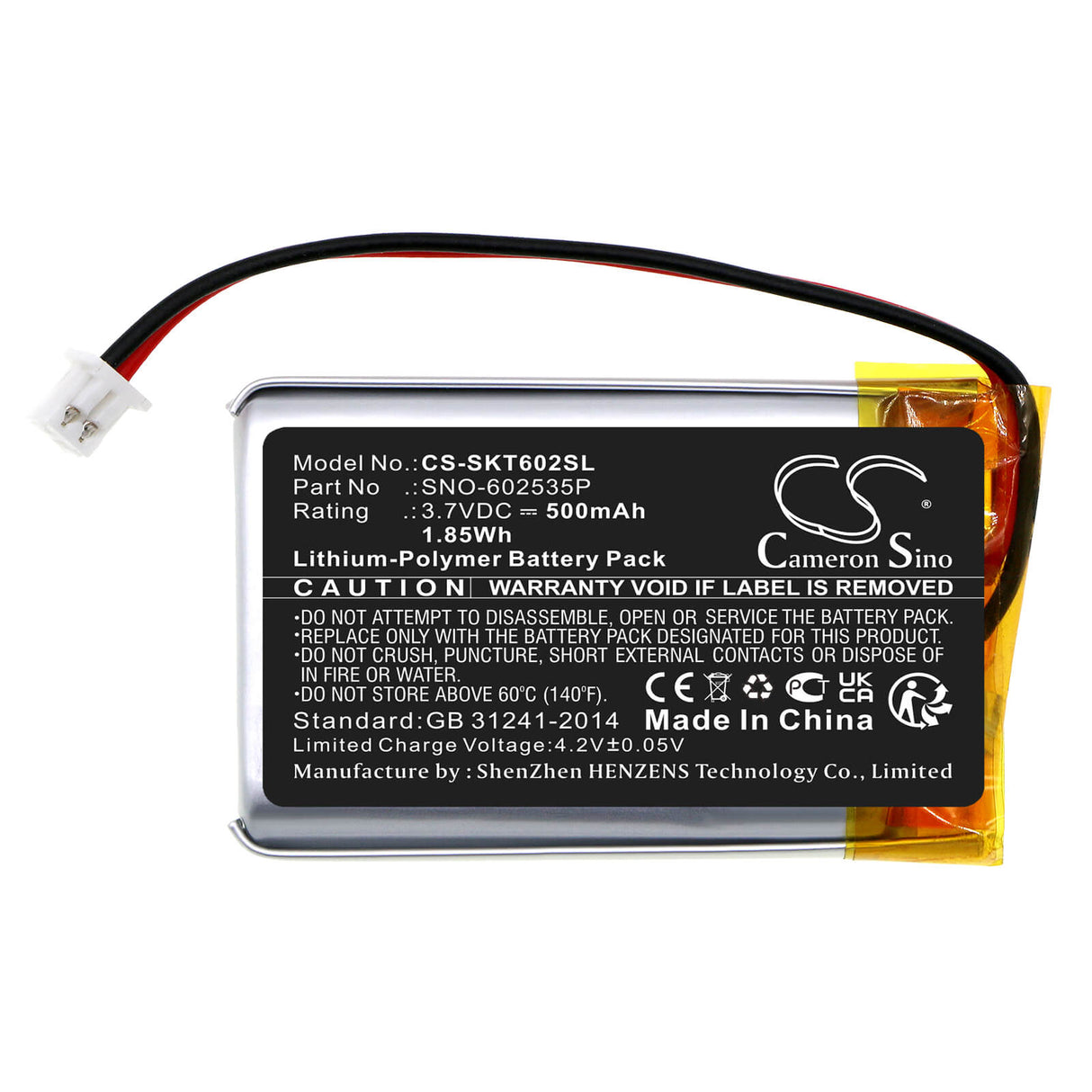 3.7v, Li-polymère, 500mah, Batterie compatible avec Skybell, Trim Plus Wifi Vidéophone, 1.85wh Caméra de sécurité domestique Cameron Sino Technology Limited