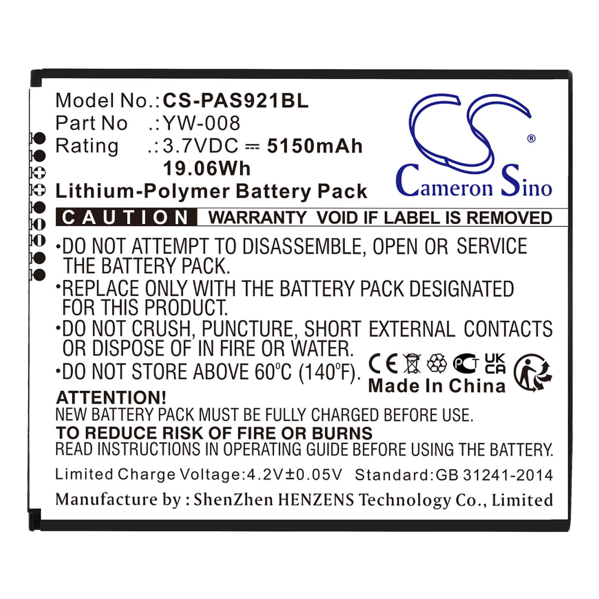 3.7V, Li-Polymer, 5150mAh, batterie de terminal de paiement convient à Pax, Yw-008, A920 Pro, 19.06Wh Terminal de paiement Cameron Sino Technology Limited