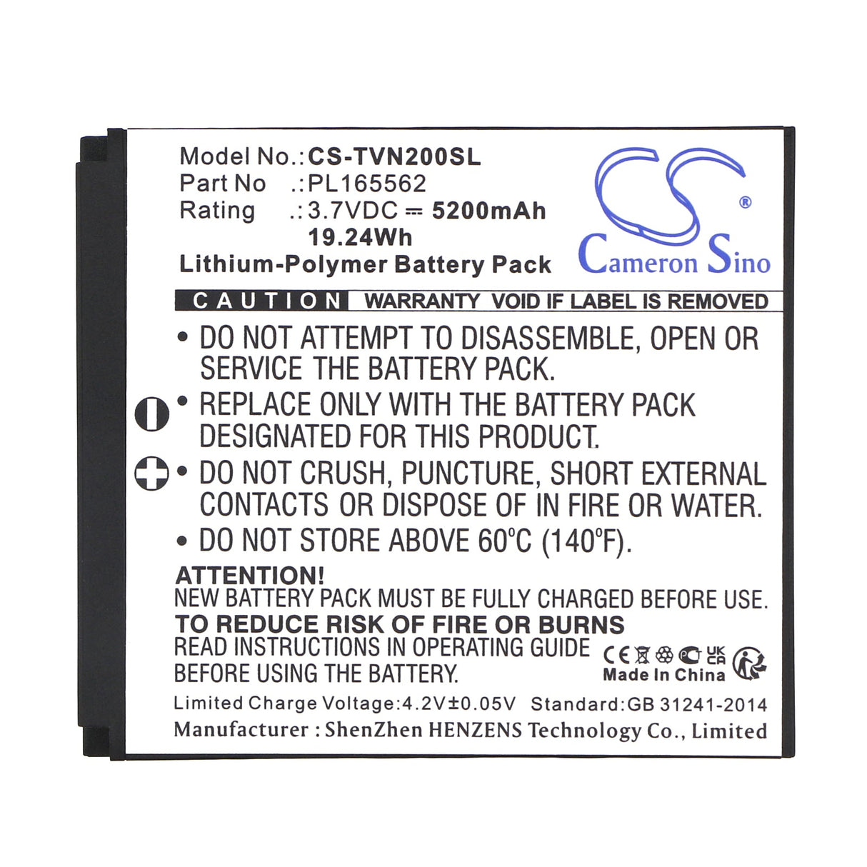 3,7V, Li-Polymère, 5200mAh, batterie GPS compatible avec Twonav, Pl165562, Aventura 2, 19,24Wh GPS, Navigator Cameron Sino Technology Limited