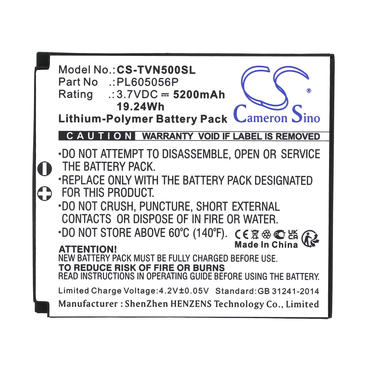 3,7V, Li-Polymère, 5200mAh, batterie GPS compatible avec Twonav, Pl605056p, Aventura, Aventura 500, 19,24Wh GPS, Navigator Cameron Sino Technology Limited