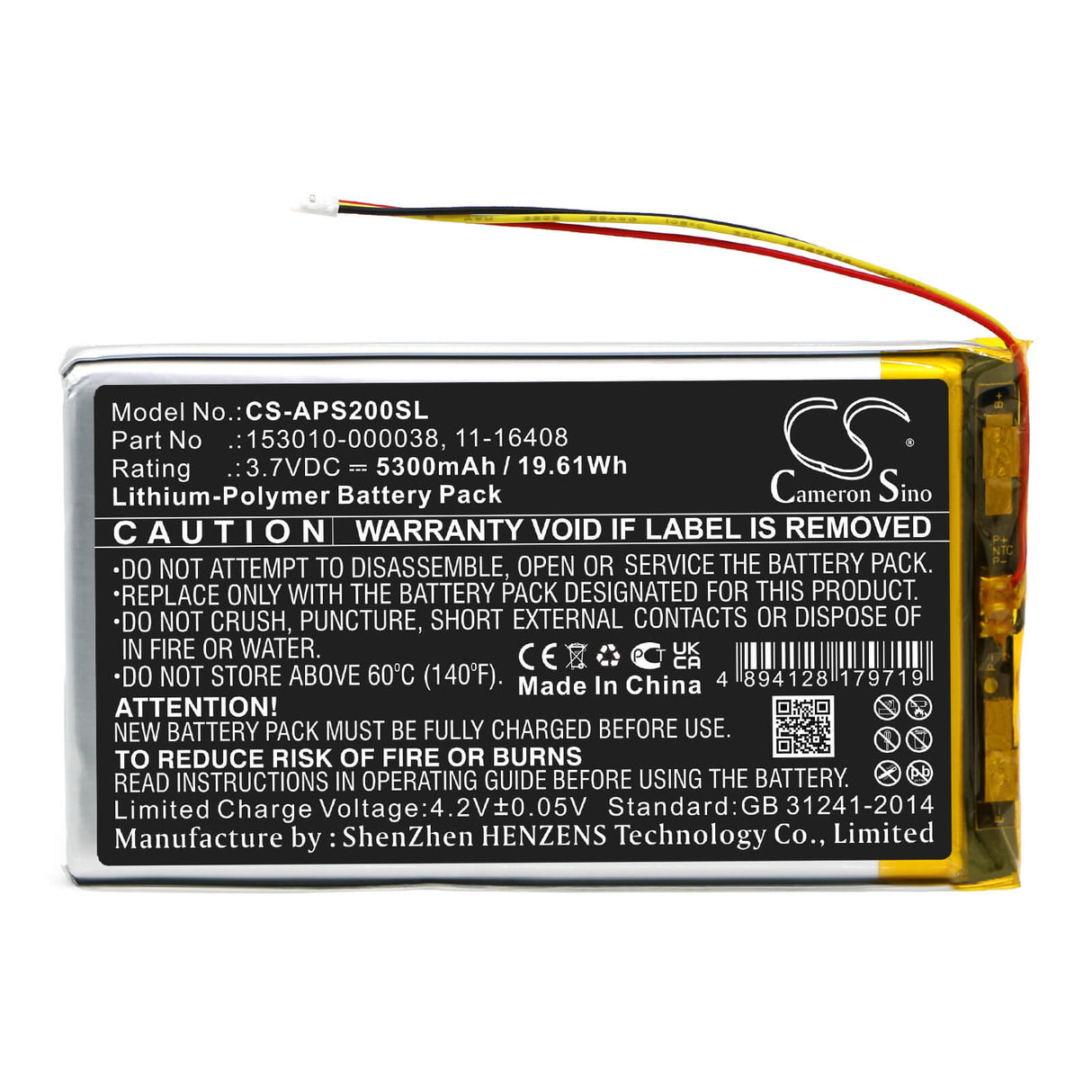 3.7V, Li-Polymer, 5300mAh, batterie GPS compatible avec Appareo, 11-16408, Stratus 2, Stratus 2s, 19.61Wh GPS, Navigator Cameron Sino Technology Limited