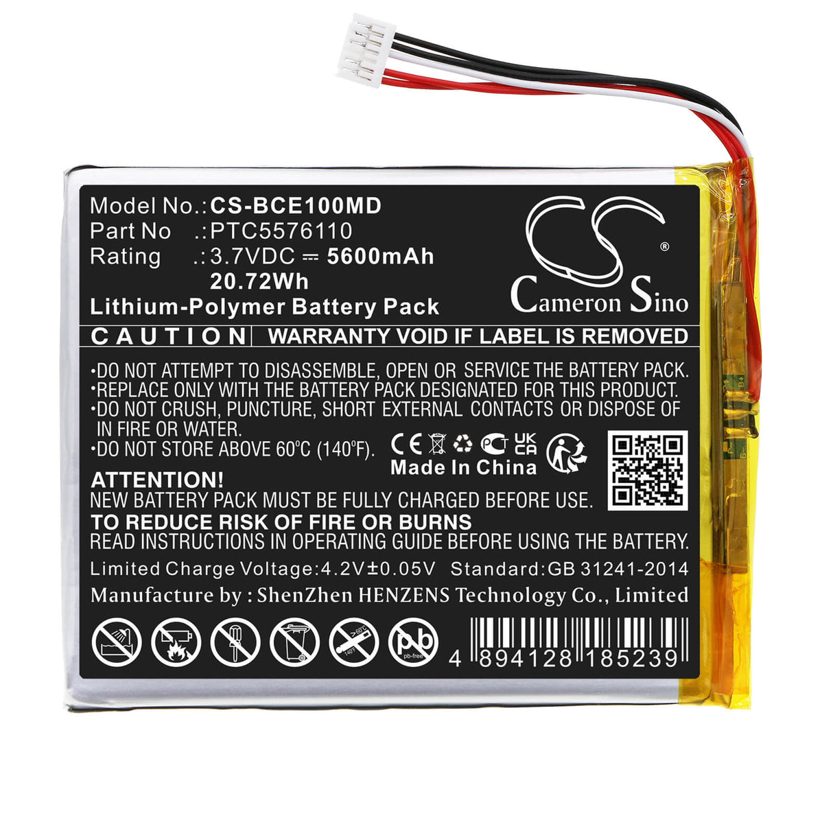 3,7V, Li-Polymère, 5600mAh, Batterie médicale compatible avec Biocare, Ptc5576110, Ie10, 20.72Wh Medical Cameron Sino Technology Limited (Médical)