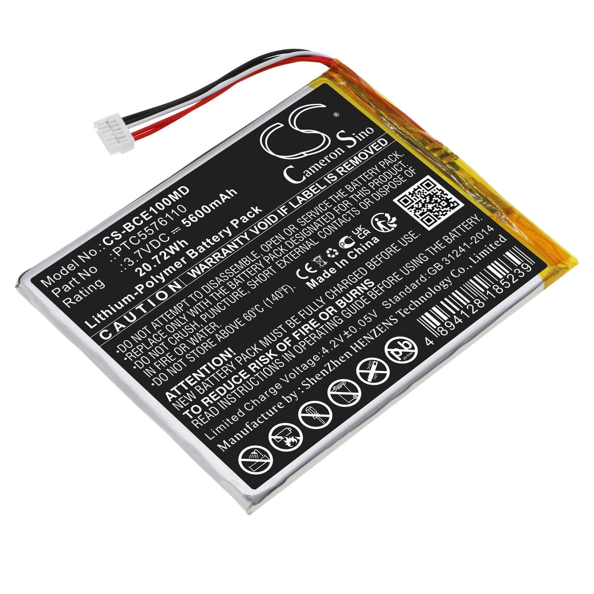 3,7V, Li-Polymère, 5600mAh, Batterie médicale compatible avec Biocare, Ptc5576110, Ie10, 20.72Wh Medical Cameron Sino Technology Limited (Médical)