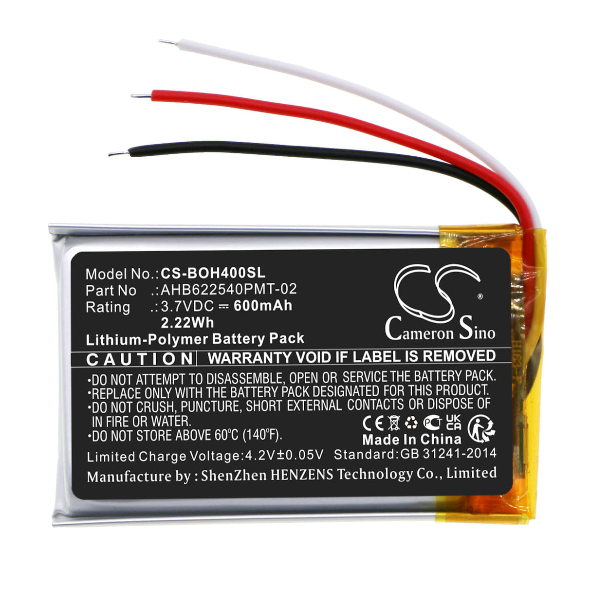 3.7V, Li-Polymer, 600mAh, Headset battery fits Bang & Olufsen, 1643874, Beoplay H4, 2.22Wh Wireless Headset Cameron Sino Technology Limited