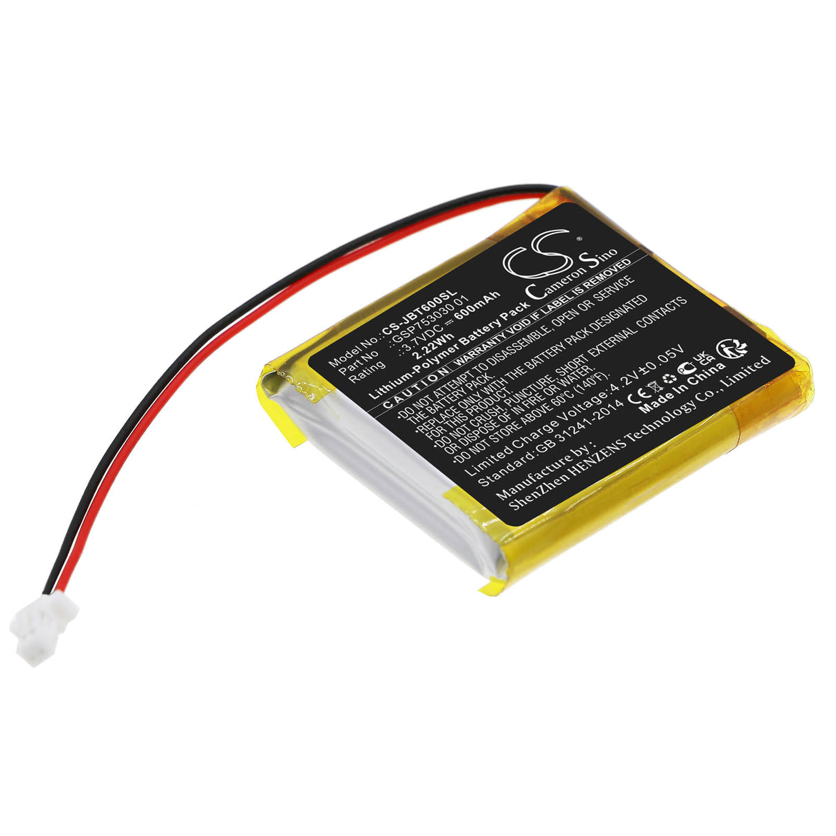 3,7V, Li-Polymère, 600mAh, Batterie de haut-parleur compatible avec Jbl, T600 Bt, Tune 600btnc, 2,22Wh Haut-parleur Cameron Sino Technology Limited
