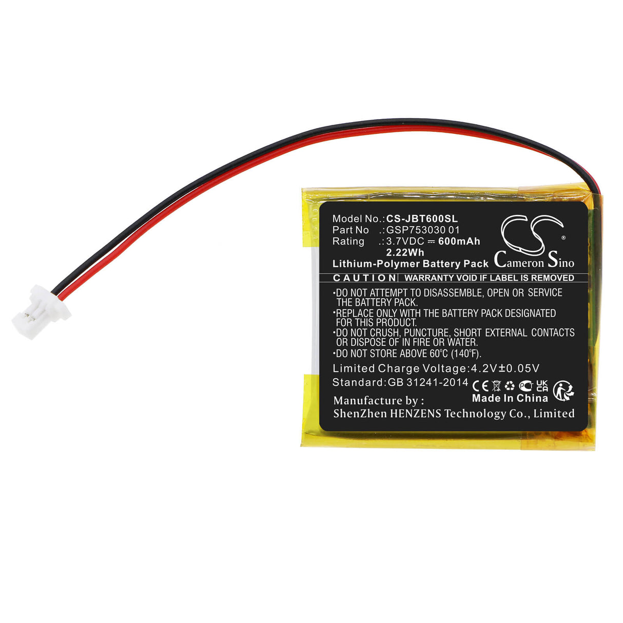 3,7V, Li-Polymère, 600mAh, Batterie de haut-parleur compatible avec Jbl, T600 Bt, Tune 600btnc, 2,22Wh Haut-parleur Cameron Sino Technology Limited