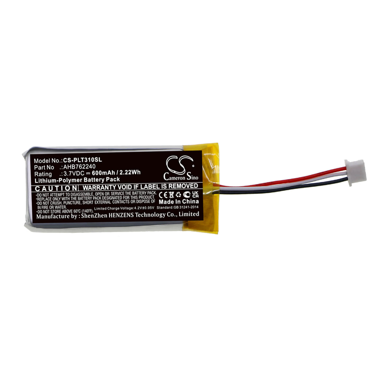 3.7V, Li-Polymer, 600mAh, Headset battery fits Plantronics, Ahb762240, Backbeat Fit 3100 Wireless Charge Case, Backbeat Fit 3200 Wireless Case, 2.22Wh Wireless Headset Cameron Sino Technology Limited