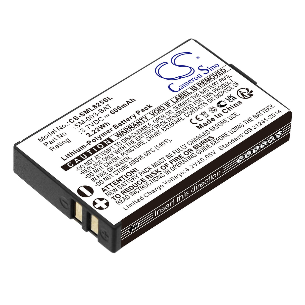 3.7V, Li-Polymer, 600mAh, Headset battery fits Simolio, Sm-003-bat, Big Over Ear Wireless Tv Heads, Sm-825d Pro, 2.22Wh Wireless Headset Cameron Sino Technology Limited