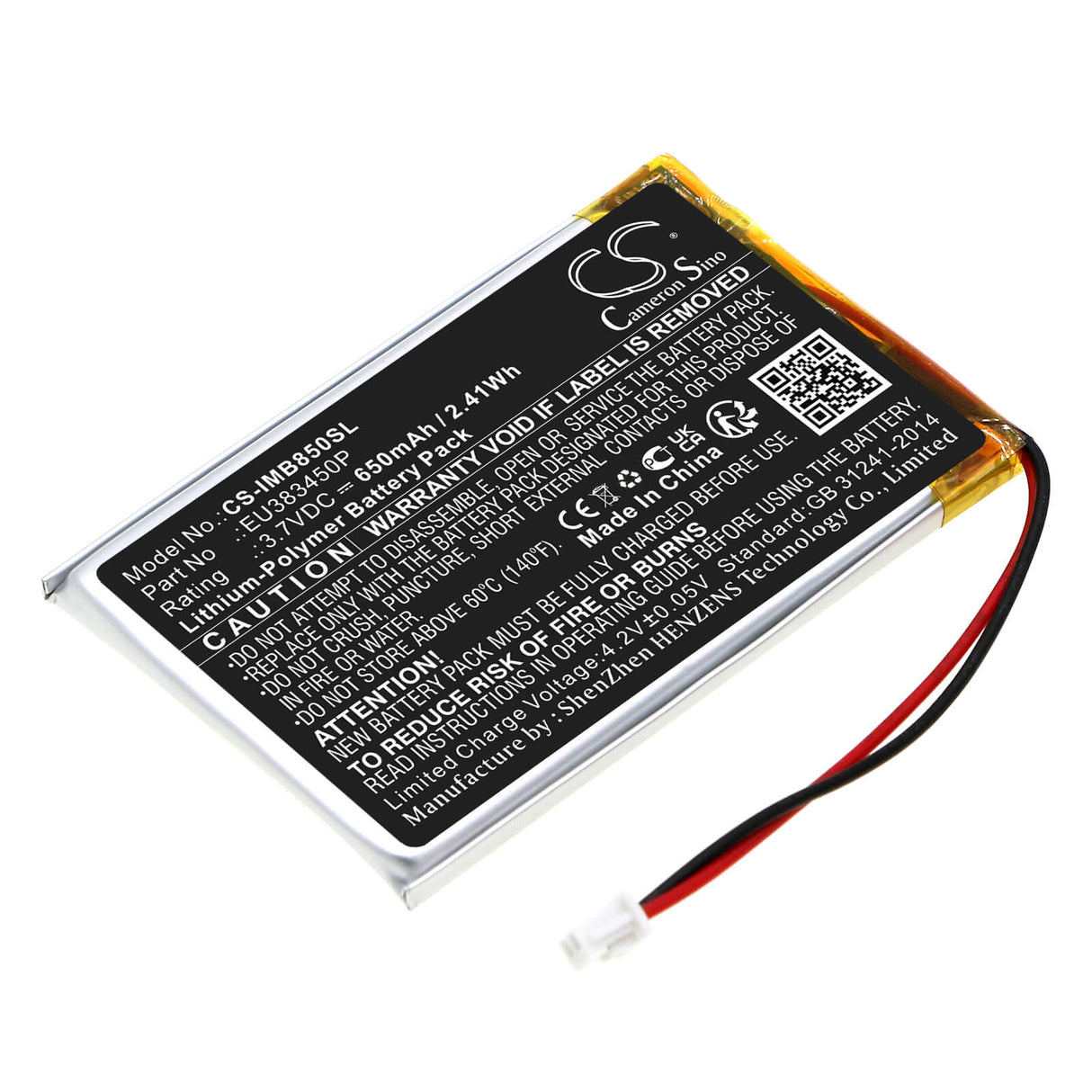 3,7V, Li-Polymer, 650mAh, batterie de terminal de paiement compatible avec Ingenico, Eu383450p, Moby 8500, Moby8500, 2,41Wh Terminal de paiement Cameron Sino Technology Limited