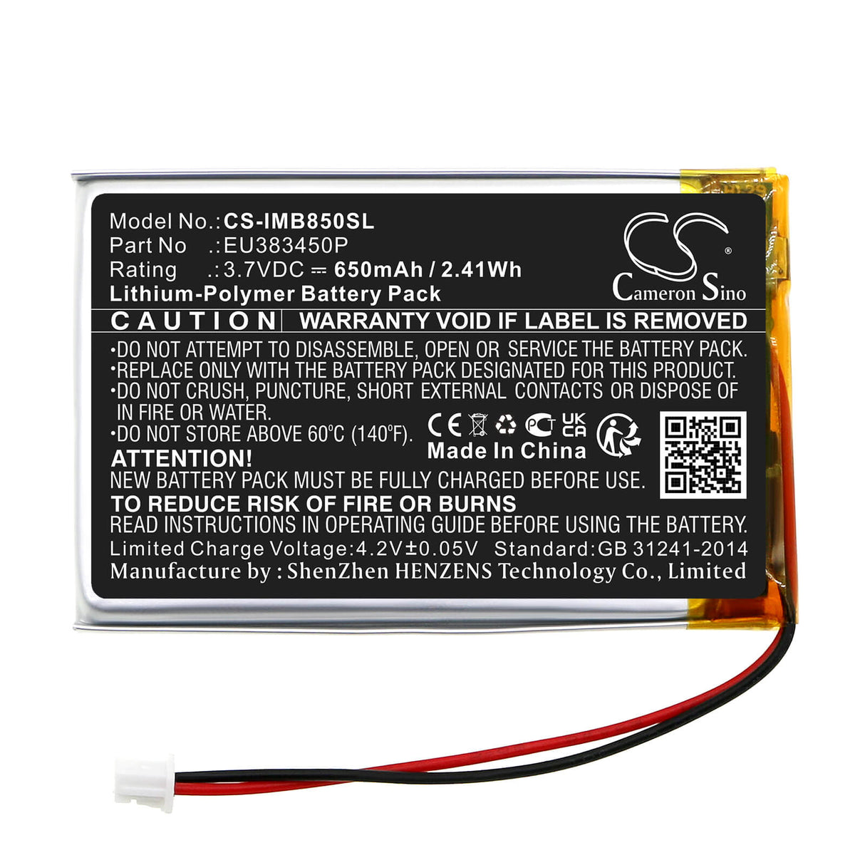 3,7V, Li-Polymer, 650mAh, batterie de terminal de paiement compatible avec Ingenico, Eu383450p, Moby 8500, Moby8500, 2,41Wh Terminal de paiement Cameron Sino Technology Limited