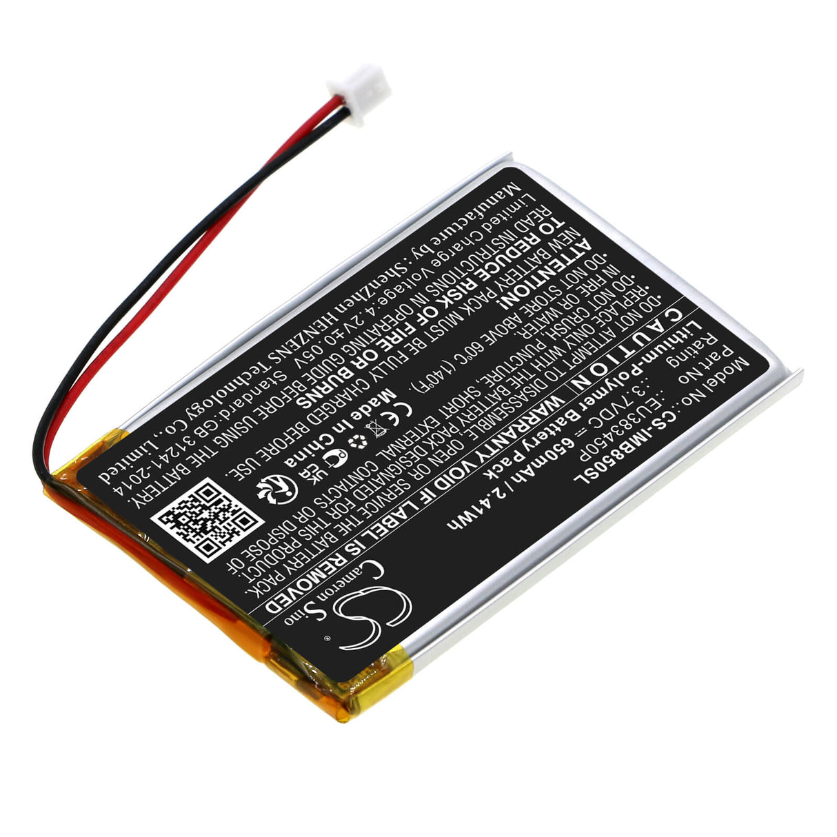 3,7V, Li-Polymer, 650mAh, batterie de terminal de paiement compatible avec Ingenico, Eu383450p, Moby 8500, Moby8500, 2,41Wh Terminal de paiement Cameron Sino Technology Limited