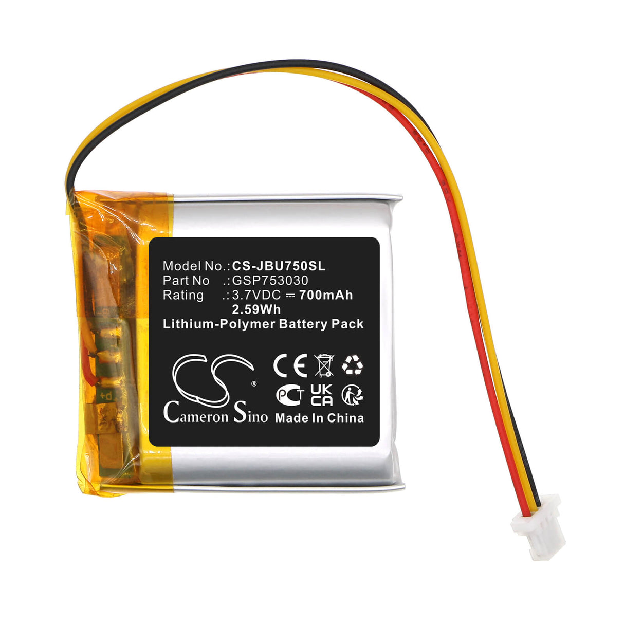 3.7V, Li-Polymer, 700mAh, Headset battery fits Jbl, Gsp753030, Tune 700bt, Tune 750, 2.59Wh Wireless Headset Cameron Sino Technology Limited