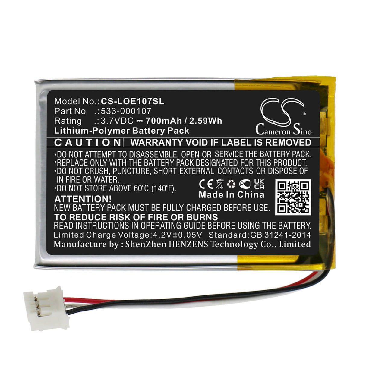 3,7V, Li-Polymer, 700mAh, Batterie de haut-parleur compatible avec Logitech, Extrême-Orient, S00149, 2,59Wh Haut-parleur Cameron Sino Technology Limited