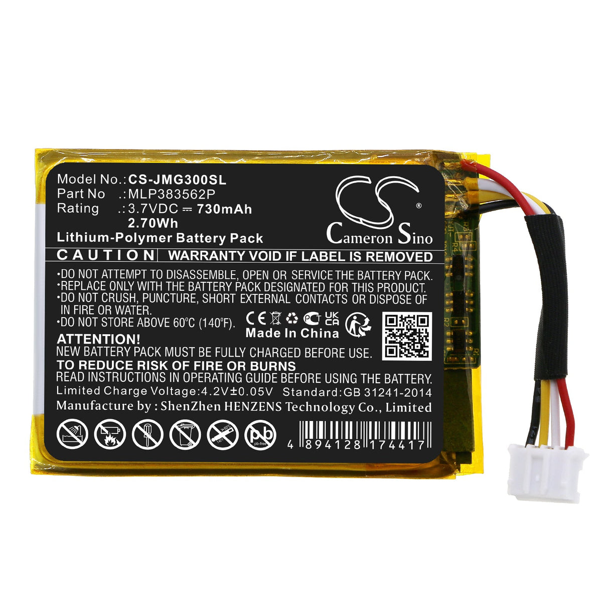3.7V, Li-Polymer, 730mAh, Speaker battery fits Jbl, Go 3, 2.70Wh Speaker Cameron Sino Technology Limited
