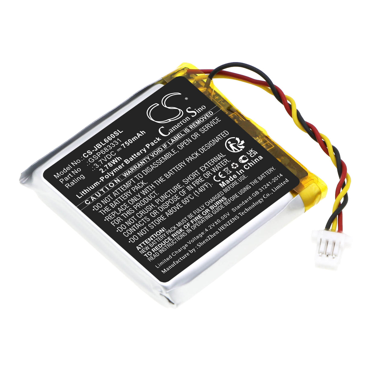 3.7V, Li-Polymer, 750mAh, Headset battery fits Jbl, Gsp683331, Live 660, Live 660nc, 2.78Wh Wireless Headset Cameron Sino Technology Limited