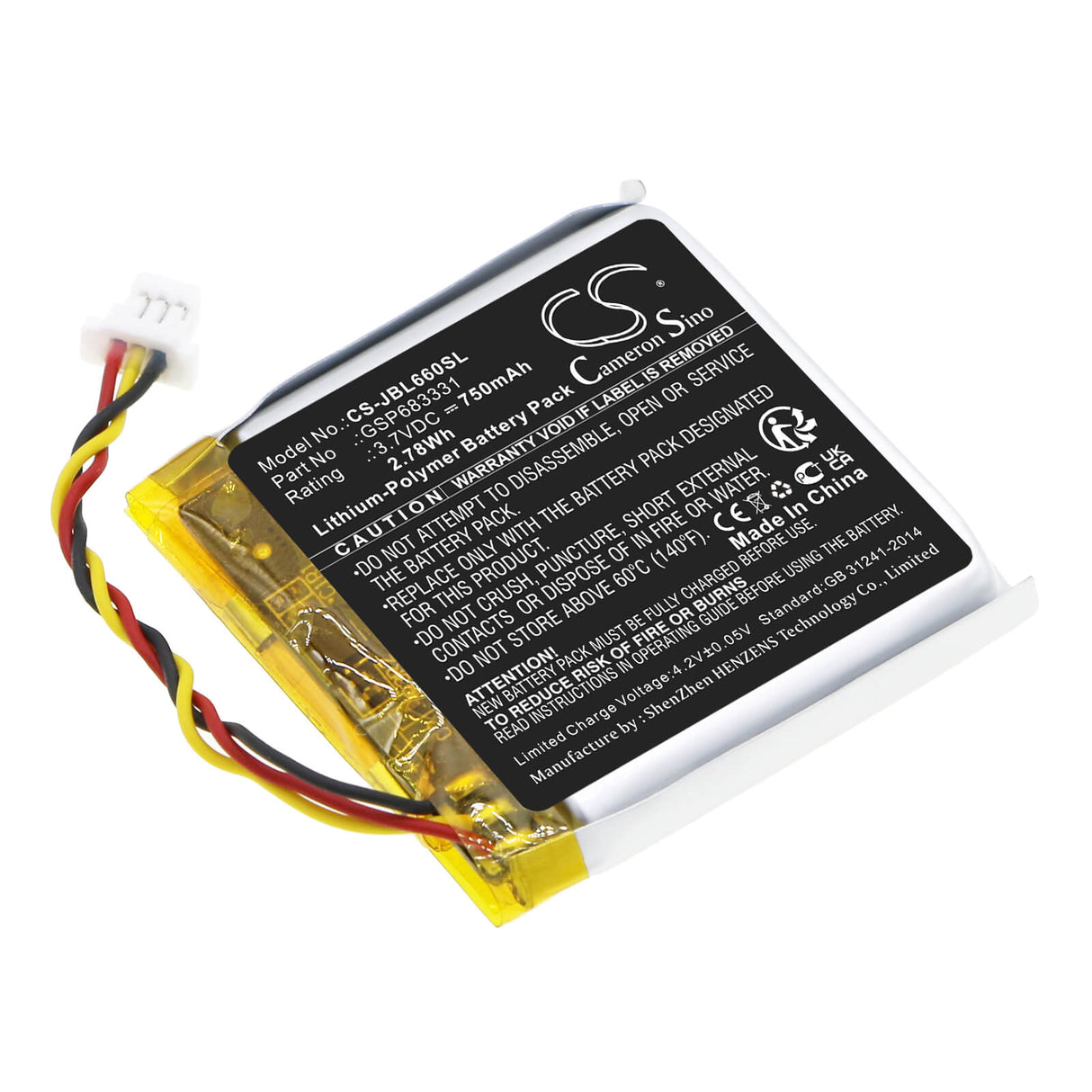 3.7V, Li-Polymer, 750mAh, Headset battery fits Jbl, Gsp683331, Live 660, Live 660nc, 2.78Wh Wireless Headset Cameron Sino Technology Limited
