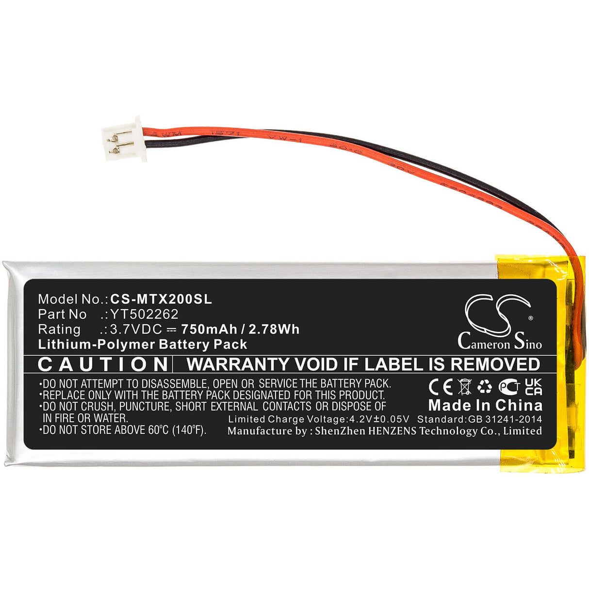 3.7V, Li-Polymer, 750mAh, Headset battery fits Midland, Yt502262, Bt Mesh, Btnext Pro, 2.78Wh Wireless Headset Cameron Sino Technology Limited