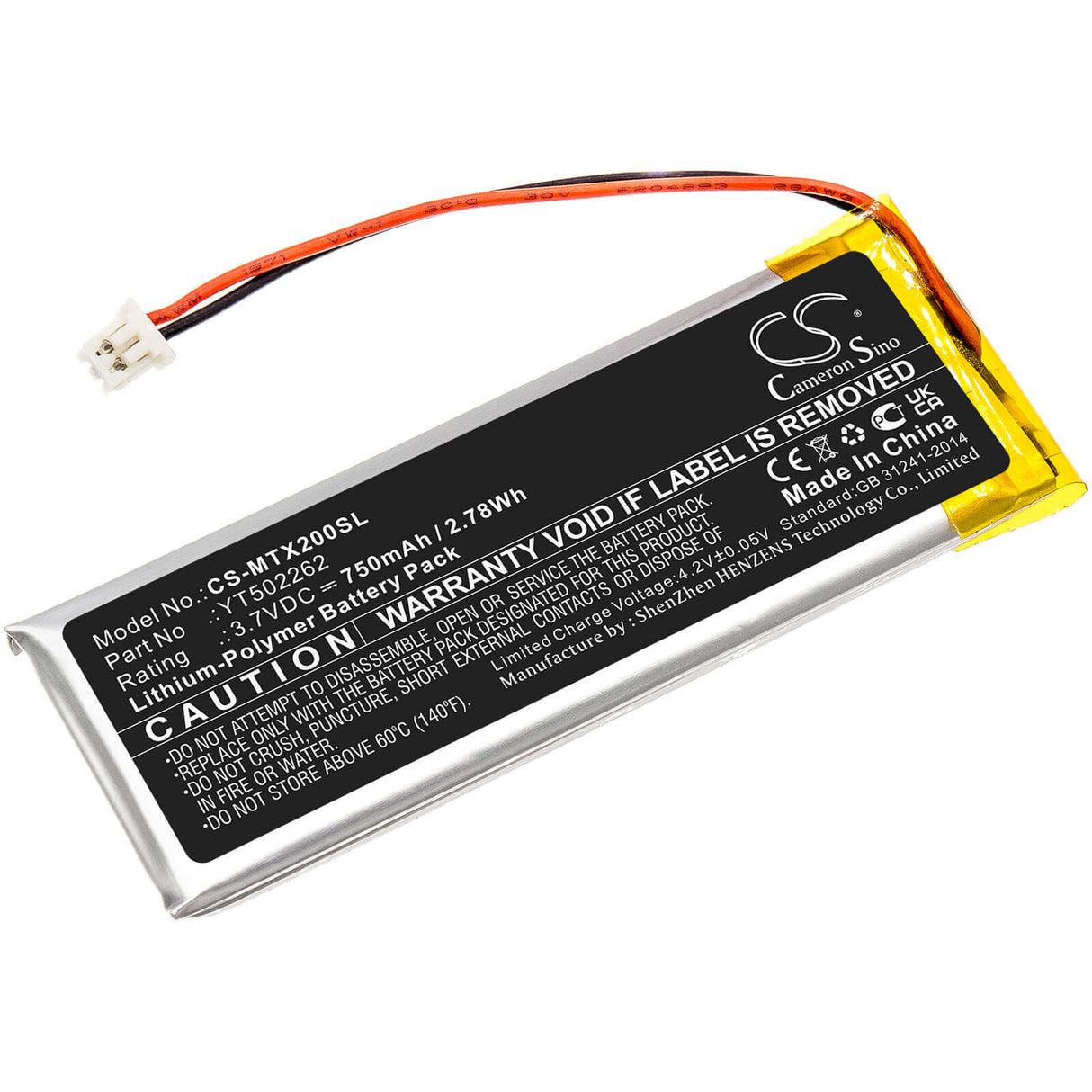 3.7V, Li-Polymer, 750mAh, Headset battery fits Midland, Yt502262, Bt Mesh, Btnext Pro, 2.78Wh Wireless Headset Cameron Sino Technology Limited