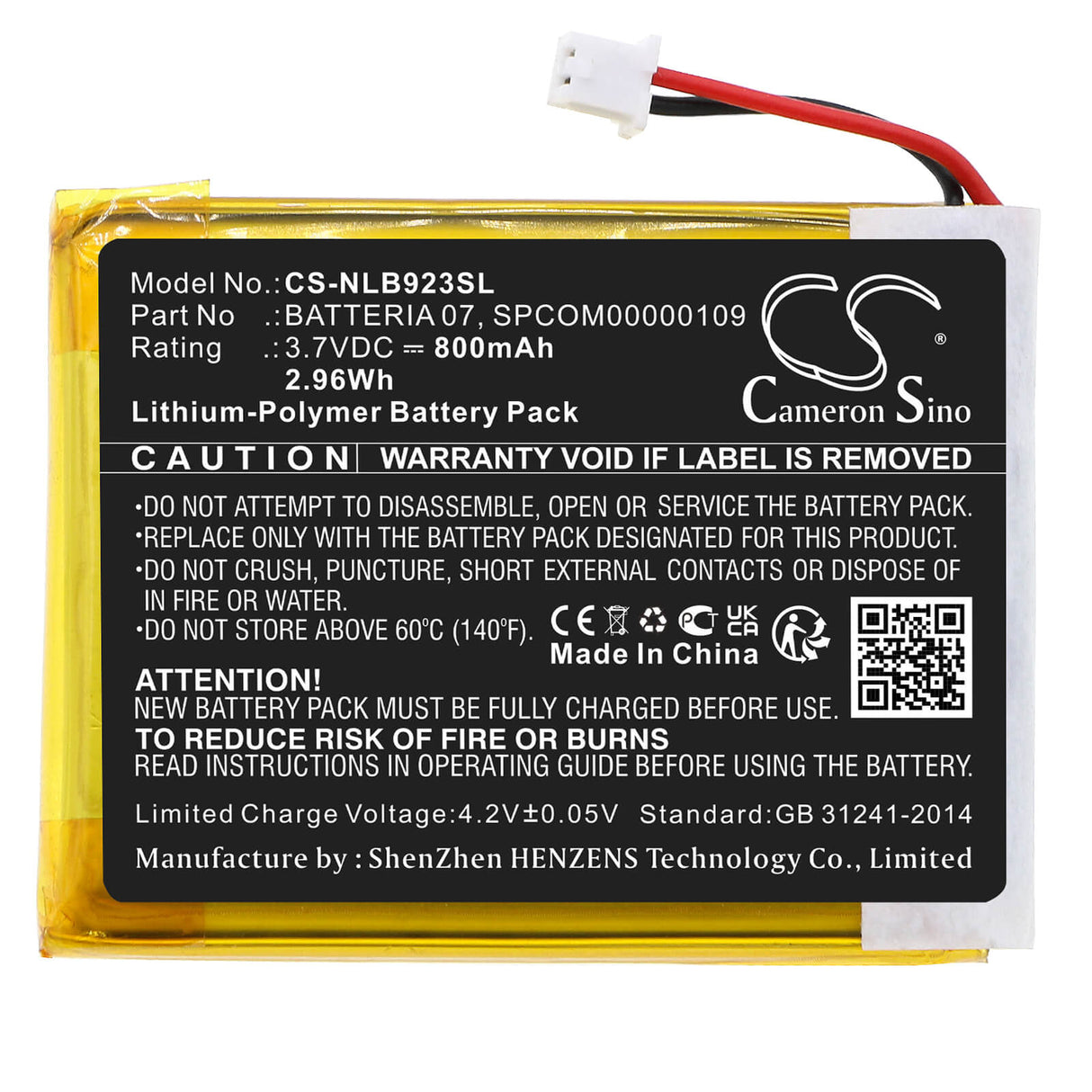 3.7V, Li-Polymer, 800mAh, Headset battery fits Nolan, Batteria 07, N-com B902 L (2023), N-com B902 R (2023), 2.96Wh Wireless Headset Cameron Sino Technology Limited