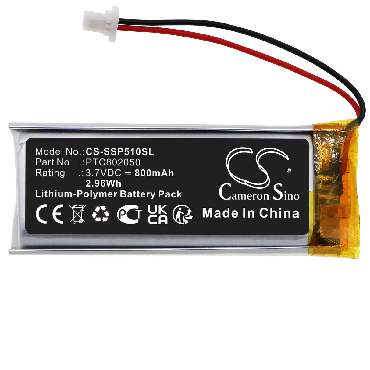 3.7V, Li-Polymer, 800mAh, Headset battery fits Interphone, Sena, Ptc802050, Active, Connect, 2.96Wh Wireless Headset Cameron Sino Technology Limited