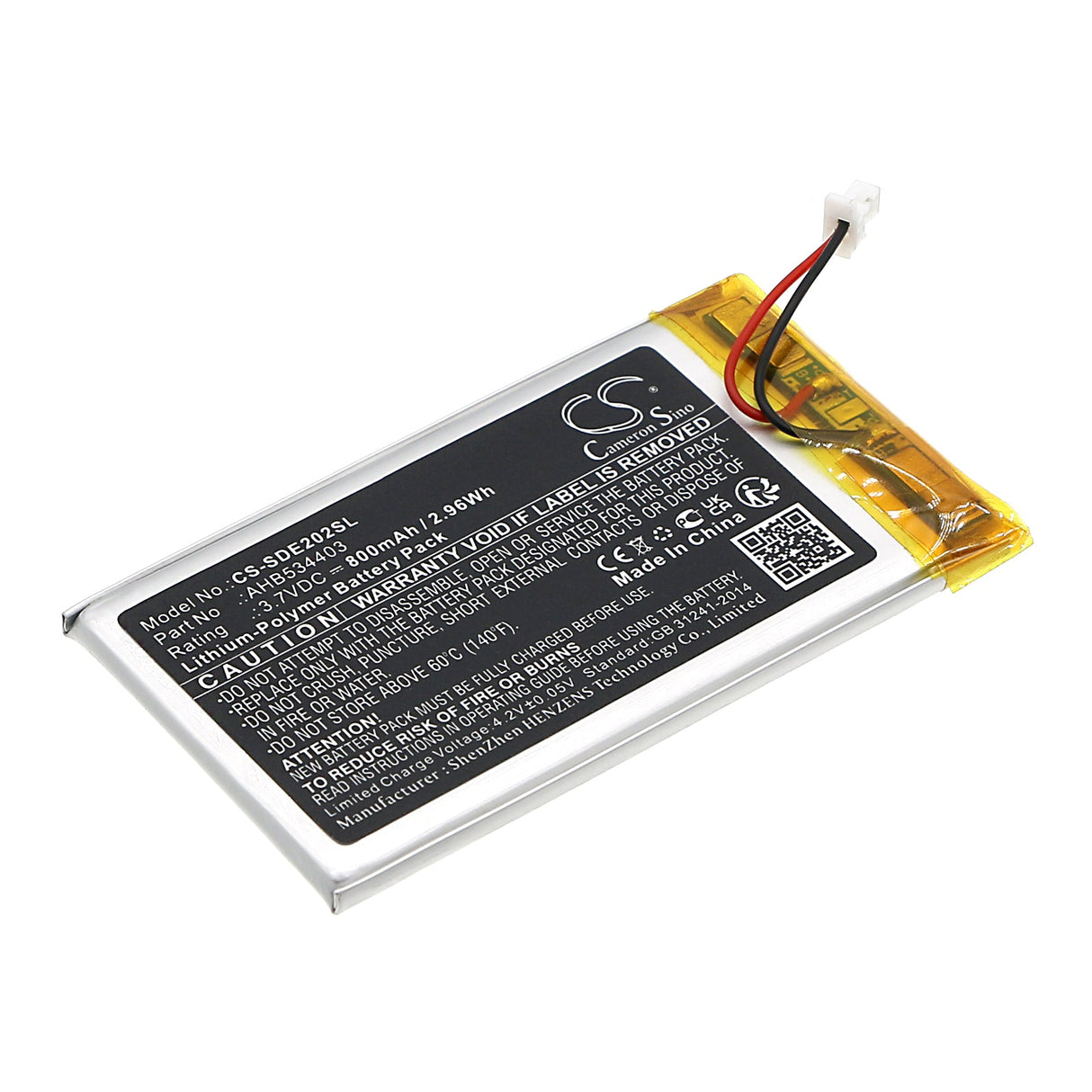 3,7V, Li-Polymère, 800mAh, Batterie pour Émetteurs et Récepteurs compatible avec Sennheiser, Hde 2020-d, Hde 2020-d Ii, 2,96Wh Émetteurs et Récepteurs Cameron Sino Technology Limited
