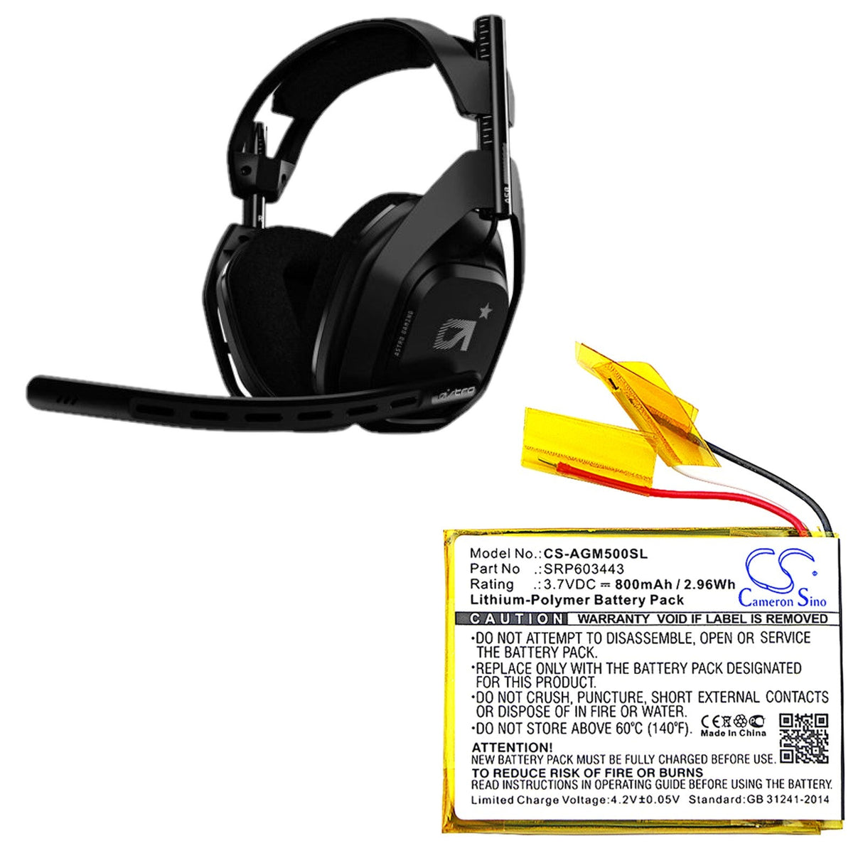3.7V, Li-Polymer, 800mAh, Headset battery fits Astro, Srp603443, A50, 2.96Wh Wireless Headset Cameron Sino Technology Limited