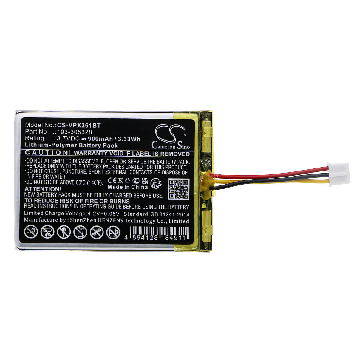 3,7V, Li-Polymer, 900mAh, batterie Smart Home compatible avec Visonic, 103-305328, Powermaster 360, Powermaster 360-pg2, 3,33Wh Smart Home Cameron Sino Technology Limited