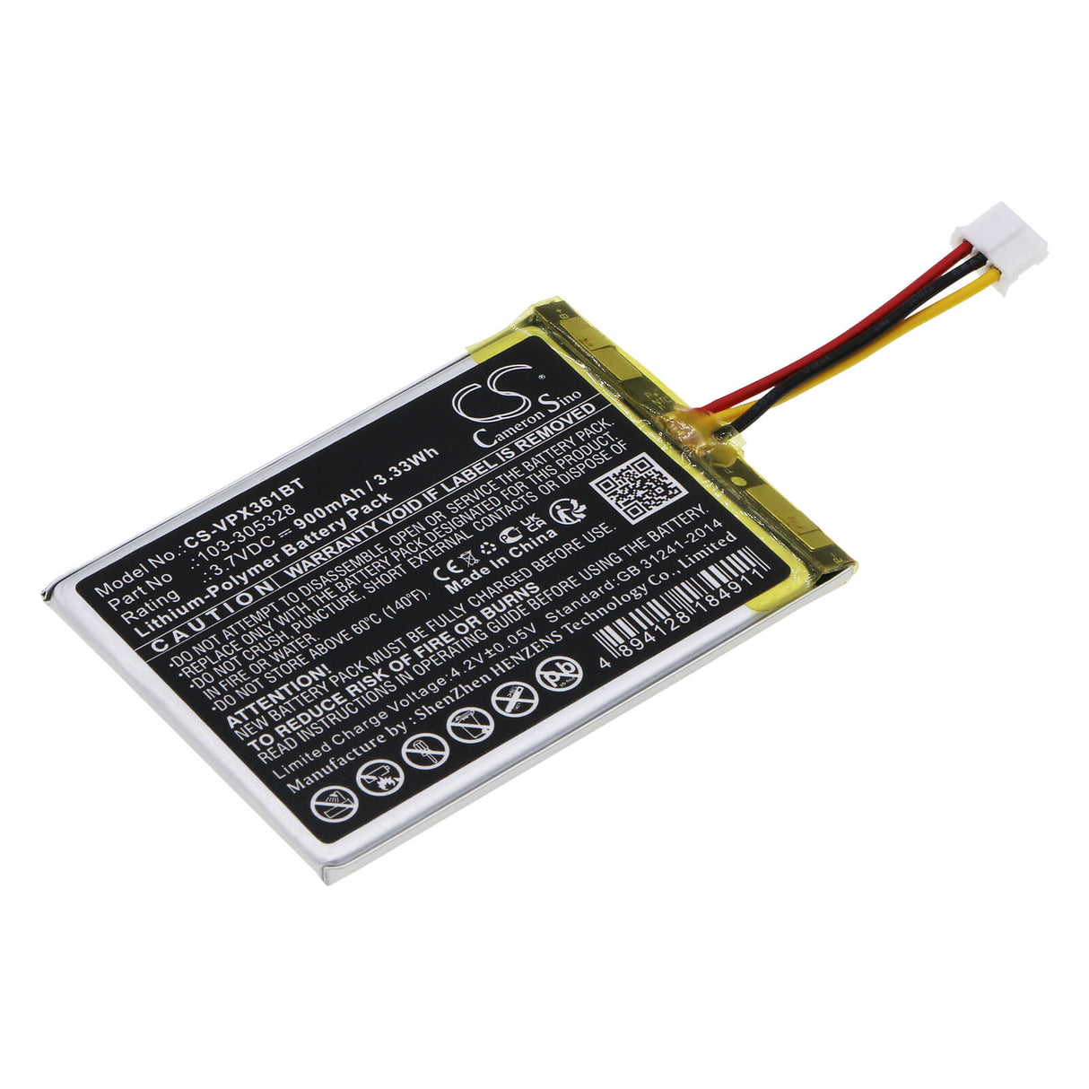 3,7V, Li-Polymer, 900mAh, batterie Smart Home compatible avec Visonic, 103-305328, Powermaster 360, Powermaster 360-pg2, 3,33Wh Smart Home Cameron Sino Technology Limited