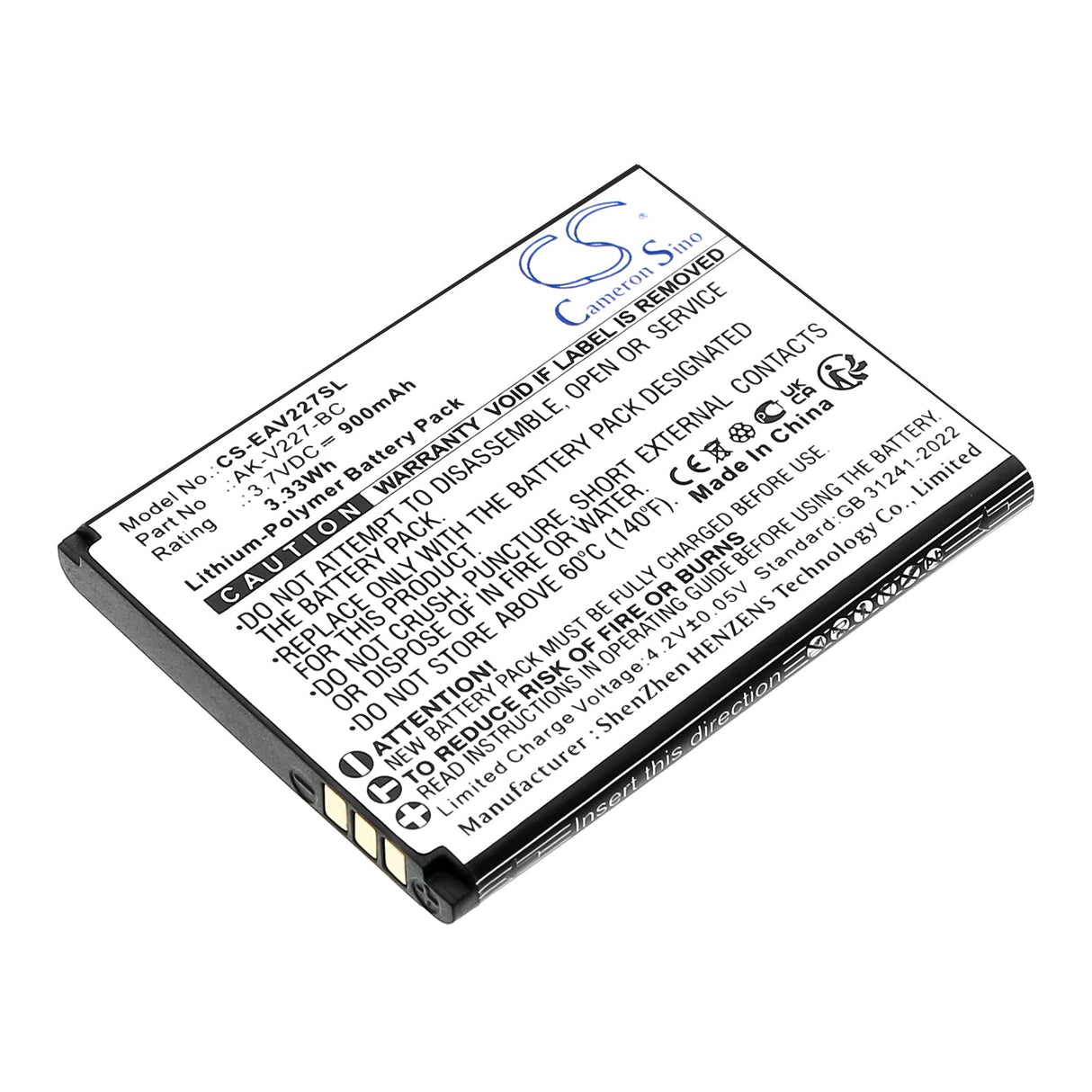 3,7V, Li-Polymère, 900mAh, Batterie de téléphone mobile, Smartphone compatible avec Emporia, Ak-v227-bc, Simplicityglam, V227, 3,33Wh Mobile, Smartphone Cameron Sino Technology Limited (Smartphone)