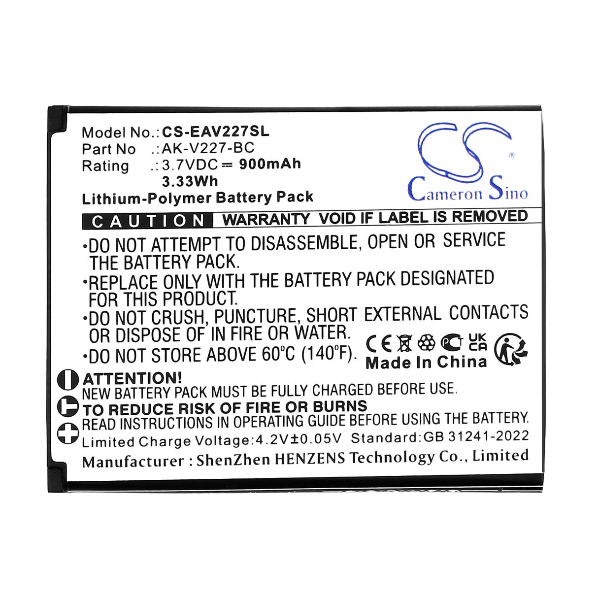 3,7V, Li-Polymère, 900mAh, Batterie de téléphone mobile, Smartphone compatible avec Emporia, Ak-v227-bc, Simplicityglam, V227, 3,33Wh Mobile, Smartphone Cameron Sino Technology Limited (Smartphone)