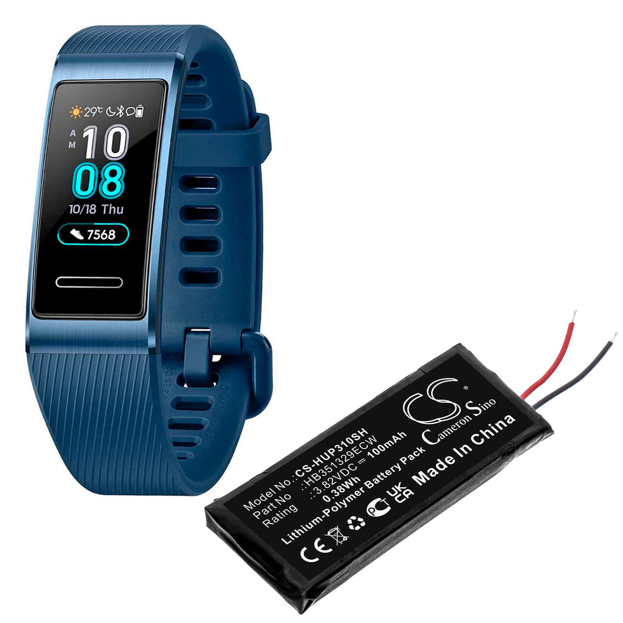3.82V, Li-Polymer, 100mAh, Smartwatch battery fits Huawei, Hb351329ecw, Band 3 Pro, 0.38Wh Smartwatch Cameron Sino Technology Limited