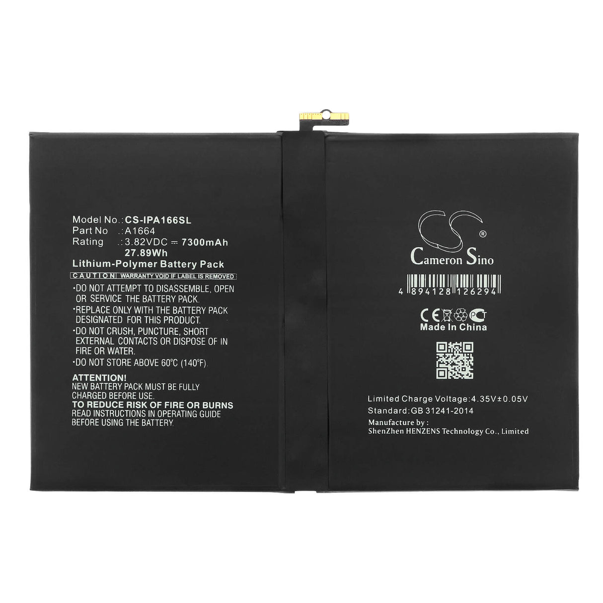 3.82V, Li-Polymer, 7300mAh, Tablet battery fits Apple, A1664, A1673, A1674, 27.89Wh Tablet Cameron Sino Technology Limited