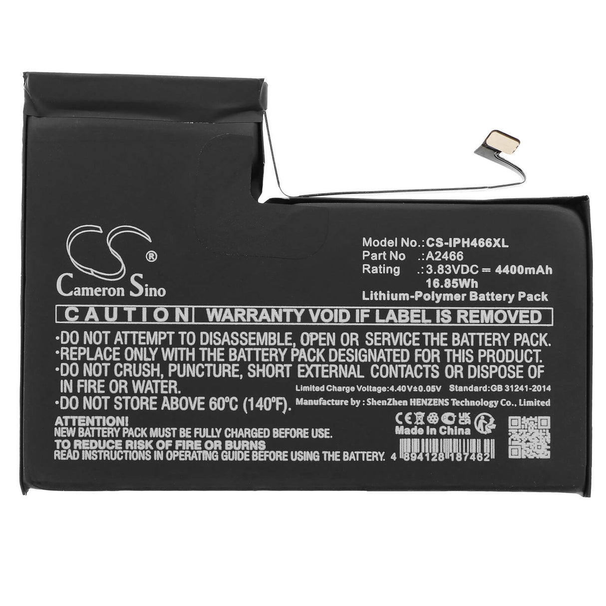 3,83V, Li-Polymer, 4400mAh, batterie de smartphone compatible avec Apple, A2466, iPhone 12 Pro Max, 16,85Wh Mobile, Smartphone Cameron Sino Technology Limited (Smartphone)