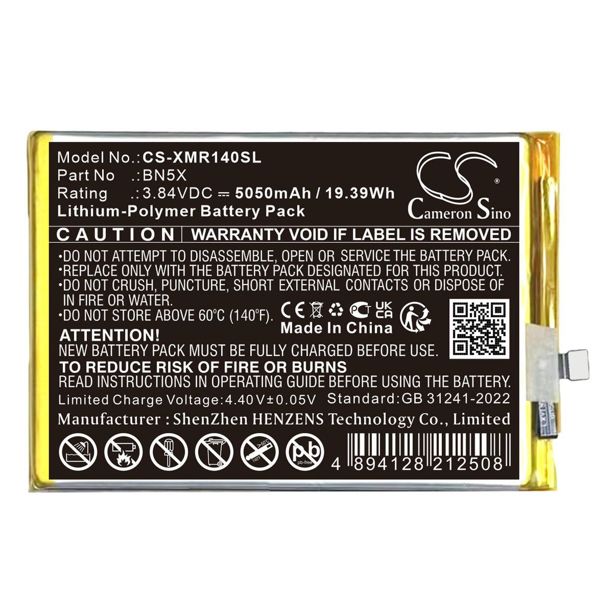 3,84V, Li-Polymer, 5050mAh, Mobile, Batterie de smartphone compatible Xiaomi, 2409brn2ca, 2409brn2cc, 19,39Wh Mobile, Smartphone Cameron Sino Technology Limited (Smartphone)