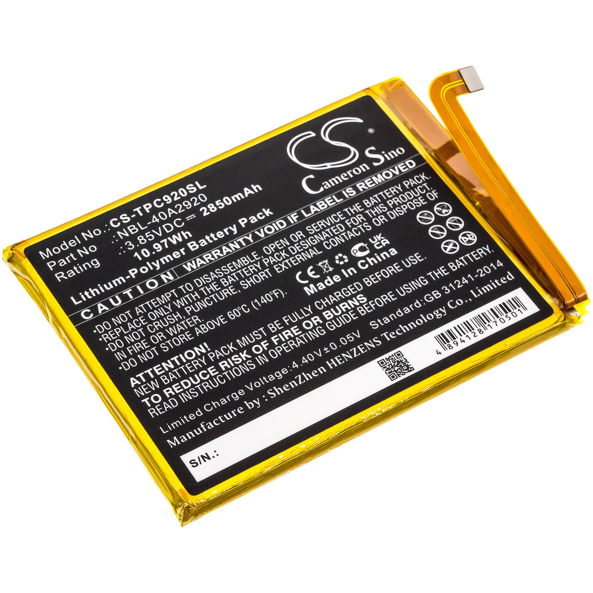 3.85V, Li-Polymer, 2850mAh, SmartPhone battery fits Tp-link, Neffos, Nbl-40a2920, C9a, Tp706a, 10.97Wh Mobile, SmartPhone Cameron Sino Technology Limited (Smartphone)