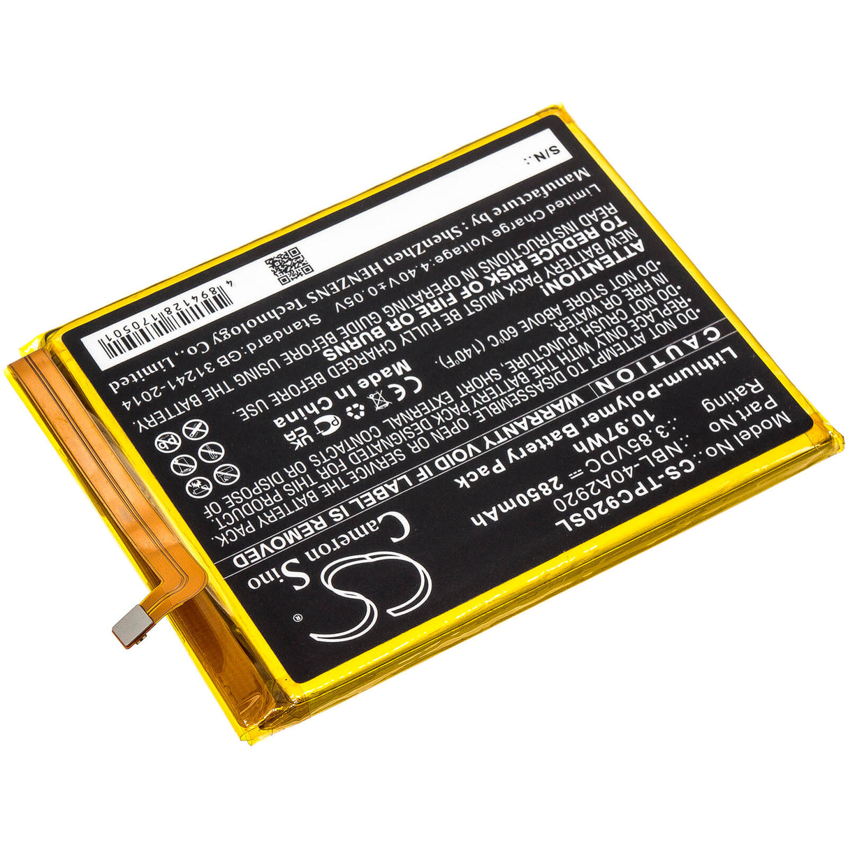 3.85V, Li-Polymer, 2850mAh, SmartPhone battery fits Tp-link, Neffos, Nbl-40a2920, C9a, Tp706a, 10.97Wh Mobile, SmartPhone Cameron Sino Technology Limited (Smartphone)