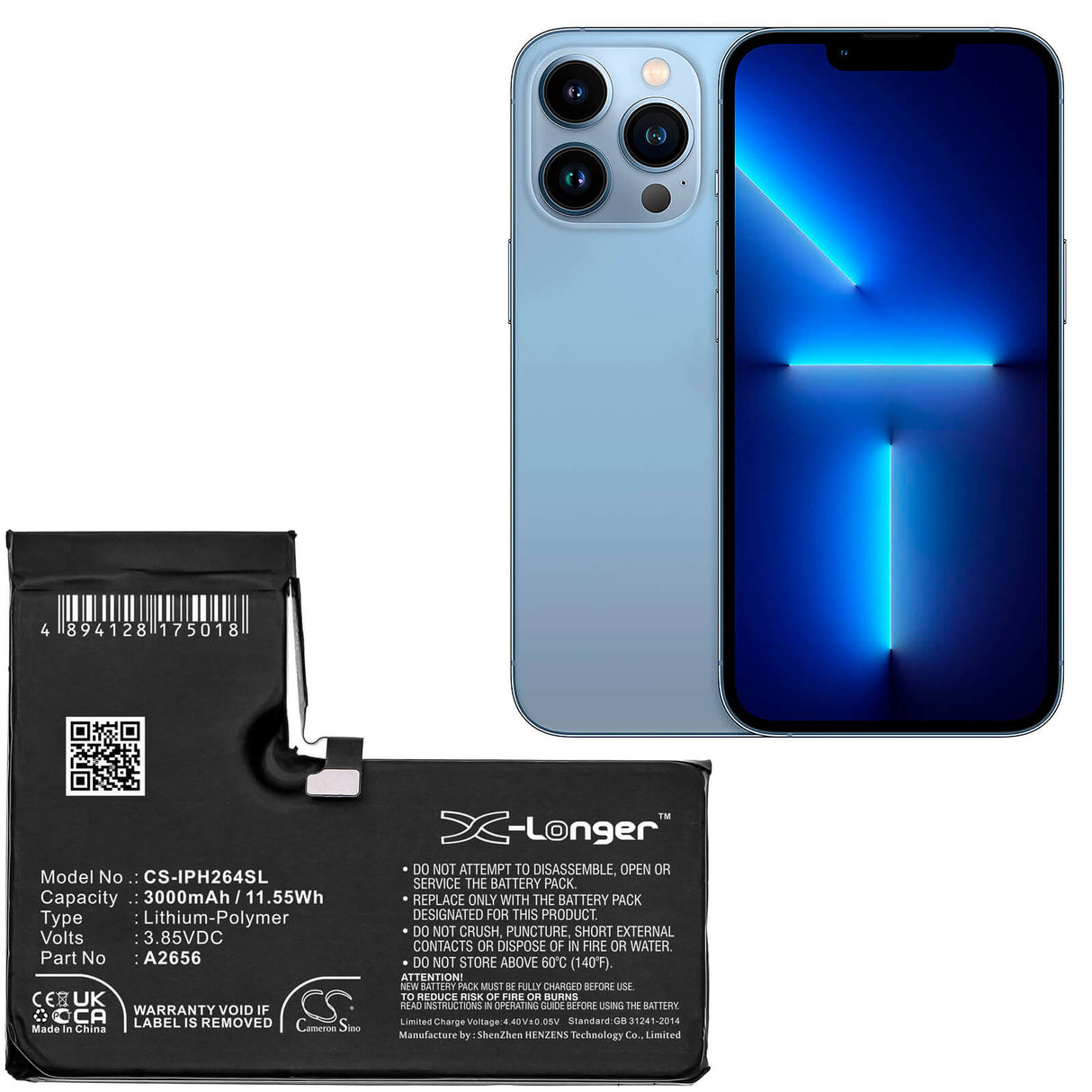3.85V, Li-Polymer, 3000mAh, SmartPhone battery fits Apple, A2656, A2640, Iphone 13 Pro, 11.55Wh Mobile, SmartPhone Cameron Sino Technology Limited (Smartphone)